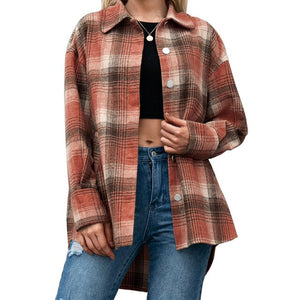 Women's Autumn Jackets Vintage Plaid Shirt with Pockets Button Down Turn-down Collar Loose Casual Jackets Female Outwear Coat