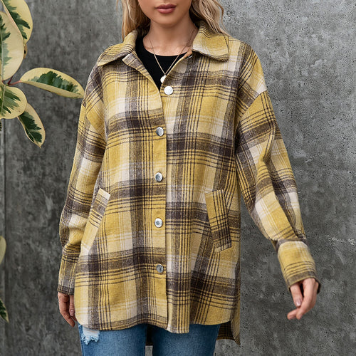Women's Autumn Jackets Vintage Plaid Shirt with Pockets Button Down Turn-down Collar Loose Casual Jackets Female Outwear Coat