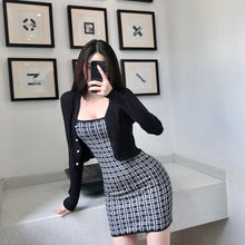 Load image into Gallery viewer, Women&#39;s Autumn New Short Coat + Sexy Retro Plaid Sling Bag Hip Dress Knitted Two-Piece Sets Female