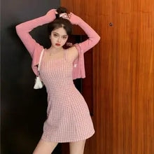 Load image into Gallery viewer, Women&#39;s Autumn New Short Coat + Sexy Retro Plaid Sling Bag Hip Dress Knitted Two-Piece Sets Female