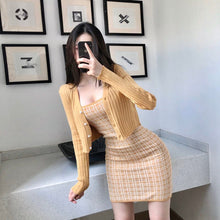Load image into Gallery viewer, Women&#39;s Autumn New Short Coat + Sexy Retro Plaid Sling Bag Hip Dress Knitted Two-Piece Sets Female
