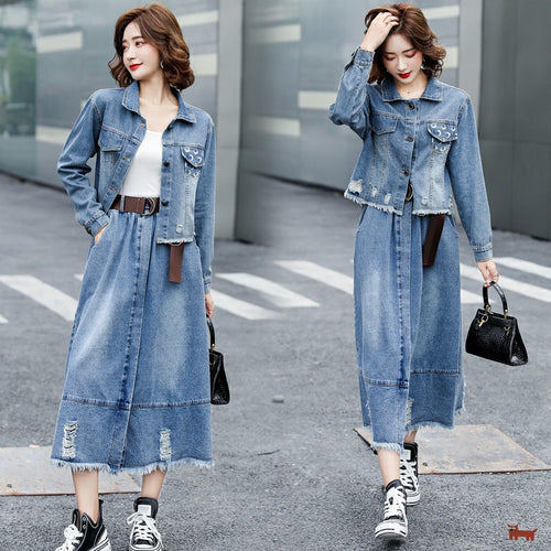 Women's Autumn Suits New Loose Casual Denim Short Jacket + High Waist Skirt 2-Piece Sets Female Plus Size S-2XL