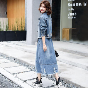 Women's Autumn Suits New Loose Casual Denim Short Jacket + High Waist Skirt 2-Piece Sets Female Plus Size S-2XL