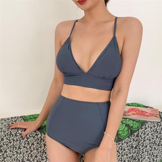 Women's Bikini Set Padded Biquini Solid Swimwear Swimsuit Brazilian Bikinis Beach Suit 2021 Koren Design Bathing Suits