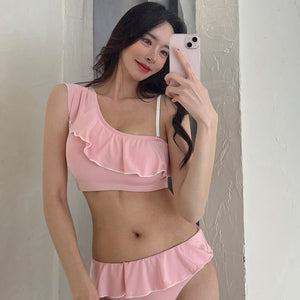 Women&#39;s Bikini Set Ruffle Bathing Swimwear Swimsuit Removable Pad Beach Suit 2022 Koren Style Bathing Suit Women