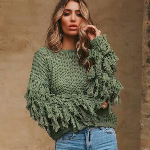 Women's Black Green With Tassel Crochet  2021 Long-Sleeved Vintage Pullover Sweater For Autumn Spring Knitted Loose Solid Casual