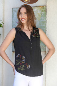 Women's Black Paste Button Detailed Flower Embroidered Sleeveless Linen Woven Blouse 2021 New Season
