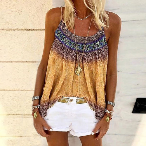 Women's Blouse Boho Print Personalized Sexy Spaghetti Vintage Round Neck Suspender Tops Plus Size Elegant Summer Shirt blusas