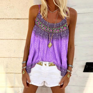 Women's Blouse Boho Print Personalized Sexy Spaghetti Vintage Round Neck Suspender Tops Plus Size Elegant Summer Shirt blusas