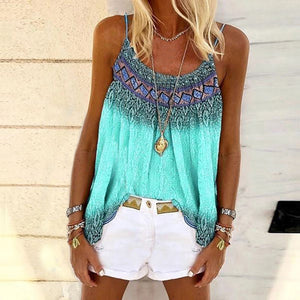Women's Blouse Boho Print Personalized Sexy Spaghetti Vintage Round Neck Suspender Tops Plus Size Elegant Summer Shirt blusas