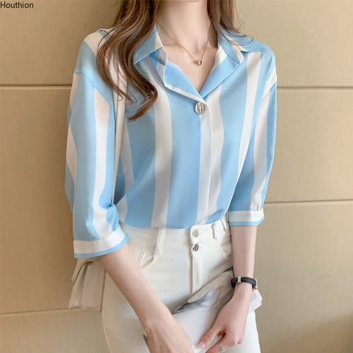 Women's Blouses Chiffon Casual Polo Shirt Korean Loose Plus Size Fashion Stripe Summer Lady Shirts Short Sleeve Top Houthion