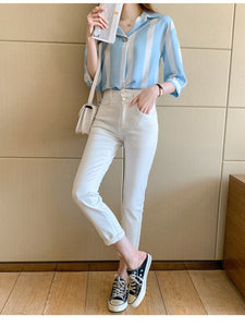 Women's Blouses Chiffon Casual Polo Shirt Korean Loose Plus Size Fashion Stripe Summer Lady Shirts Short Sleeve Top Houthion