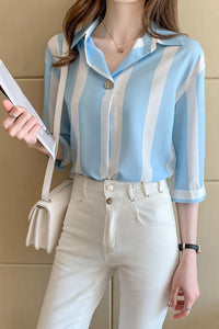 Women's Blouses Chiffon Casual Polo Shirt Korean Loose Plus Size Fashion Stripe Summer Lady Shirts Short Sleeve Top Houthion