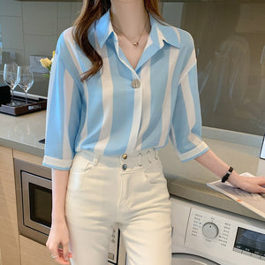Women's Blouses Chiffon Casual Polo Shirt Korean Loose Plus Size Fashion Stripe Summer Lady Shirts Short Sleeve Top Houthion