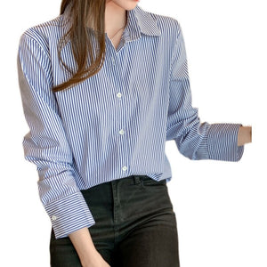 Women's Blouses Cotton Blend Long Sleeve Tops Fashion Casual Polo Shirts Stripe Loose Commute Office Lady Blusas
