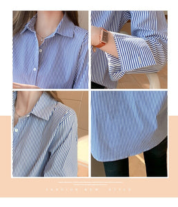 Women's Blouses Cotton Blend Long Sleeve Tops Fashion Casual Polo Shirts Stripe Loose Commute Office Lady Blusas