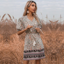 Load image into Gallery viewer, Women&#39;s Bohemian Printed Tassel Mini Dress for Vacation Tie Waist Puff Sleeves