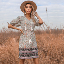 Load image into Gallery viewer, Women&#39;s Bohemian Printed Tassel Mini Dress for Vacation Tie Waist Puff Sleeves