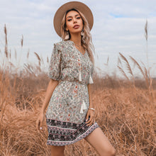 Load image into Gallery viewer, Women&#39;s Bohemian Printed Tassel Mini Dress for Vacation Tie Waist Puff Sleeves