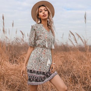 Women's Bohemian Printed Tassel Mini Dress for Vacation Tie Waist Puff Sleeves