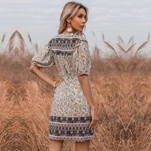 Load image into Gallery viewer, Women&#39;s Bohemian Printed Tassel Mini Dress for Vacation Tie Waist Puff Sleeves