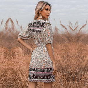 Women's Bohemian Printed Tassel Mini Dress for Vacation Tie Waist Puff Sleeves