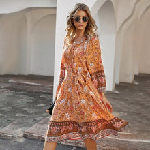 Load image into Gallery viewer, Women&#39;s Bohemian Resort Style Printed Dress With 7-Point Sleeves Fashion Lace-Up V Neck Mid-Length Pullover Dresses Robe Femme