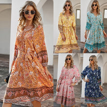 Load image into Gallery viewer, Women&#39;s Bohemian Resort Style Printed Dress With 7-Point Sleeves Fashion Lace-Up V Neck Mid-Length Pullover Dresses Robe Femme