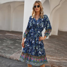 Load image into Gallery viewer, Women&#39;s Bohemian Resort Style Printed Dress With 7-Point Sleeves Fashion Lace-Up V Neck Mid-Length Pullover Dresses Robe Femme