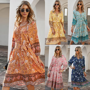 Women's Bohemian Resort Style Printed Dress With 7-Point Sleeves Fashion Lace-Up V Neck Mid-Length Pullover Dresses Robe Femme