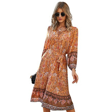 Load image into Gallery viewer, Women&#39;s Bohemian Resort Style Printed Dress With 7-Point Sleeves Fashion Lace-Up V Neck Mid-Length Pullover Dresses Robe Femme