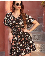 Load image into Gallery viewer, Women&#39;s Boho Floral Print Short Sleeve V Neck  Ruffle Splicing  Mini Dress with Drawstring