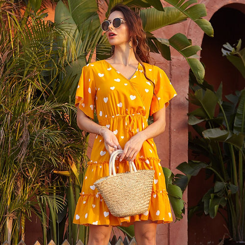 Women's Boho Floral Print Short Sleeve V Neck  Ruffle Splicing  Mini Dress with Drawstring