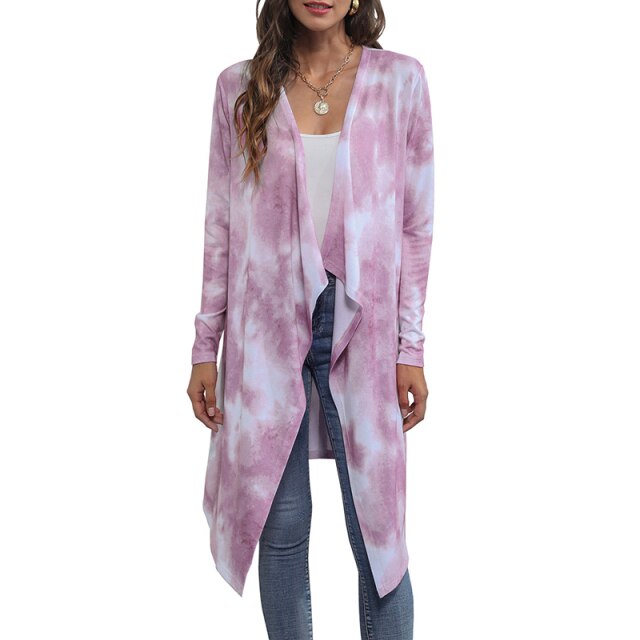 Women's Cardigan Long-line Cut Casual Long Tie Die Printed Draped Open Front Oversized Coat Irregular Hem Outwear Long Cardigan