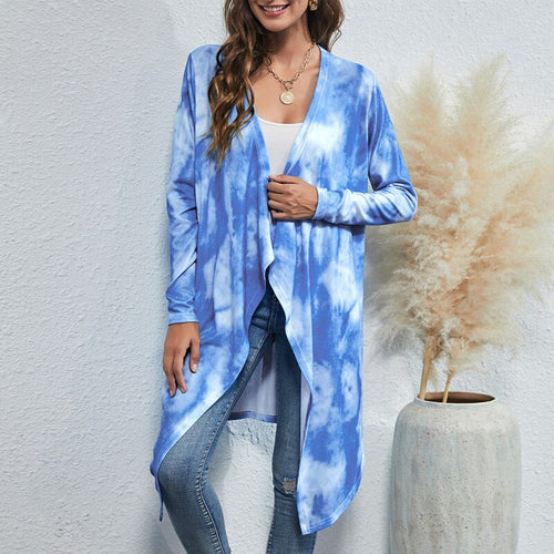 Women's Cardigan Long-line Cut Casual Long Tie Die Printed Draped Open Front Oversized Coat Irregular Hem Outwear Long Cardigan