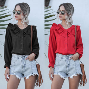 Women's Casual Blouse Sweet V Neck Ruffle Long Sleeve Shirt Spring Autumn Elegant Office Lady Solid Color Tops 2020 New Arrival