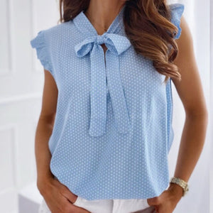 Women's Casual Short Sleeve Ruffle Trim Bow Tie Blouse Summer 2021 Chiffon Top Shirts Polka Dot Print Formal Workwear S-XXL