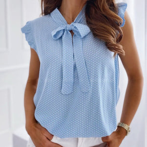 Women's Casual Short Sleeve Ruffle Trim Bow Tie Blouse Summer 2021 Chiffon Top Shirts Polka Dot Print Formal Workwear S-XXL