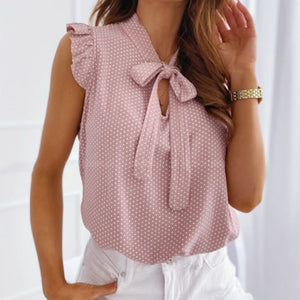 Women's Casual Short Sleeve Ruffle Trim Bow Tie Blouse Summer 2021 Chiffon Top Shirts Polka Dot Print Formal Workwear S-XXL