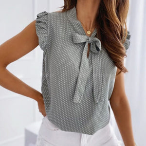 Women's Casual Short Sleeve Ruffle Trim Bow Tie Blouse Summer 2021 Chiffon Top Shirts Polka Dot Print Formal Workwear S-XXL