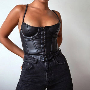 Women's Corset Sexy Low-cut Bustier Sling PU Crop Top Punk Rock Style Camisole Club Party Outfits Casual Streetwear 2021 New