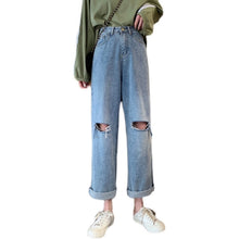 Load image into Gallery viewer, Women&#39;s Denim ripped trousers Fall Cost-Effective Early Autumn High Waist Slimming Holes Denim Length Loose Straight Pants