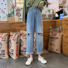 Load image into Gallery viewer, Women&#39;s Denim ripped trousers Fall Cost-Effective Early Autumn High Waist Slimming Holes Denim Length Loose Straight Pants