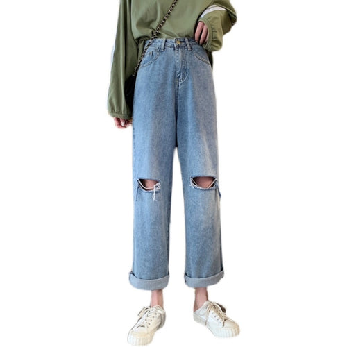 Women's Denim ripped trousers Fall Cost-Effective Early Autumn High Waist Slimming Holes Denim Length Loose Straight Pants