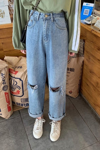 Women's Denim ripped trousers Fall Cost-Effective Early Autumn High Waist Slimming Holes Denim Length Loose Straight Pants