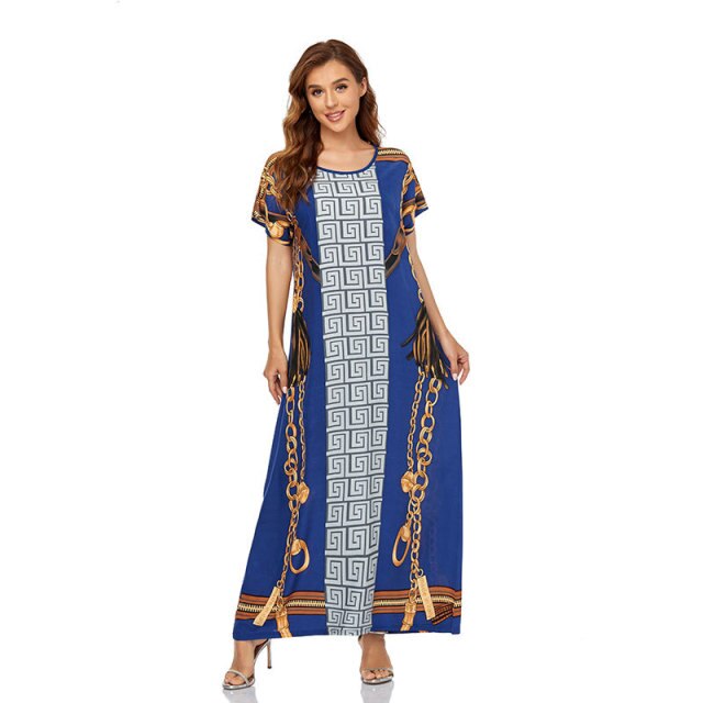 Women's Dress Muslim Woman Kimono Short-sleeved Long Dress Dubai Plus Size Loose  Printing Elegant Temperament Robe Abayas
