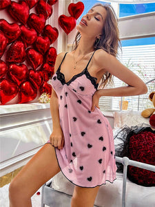 Women&#39;s Eyelash Lace Trim Cami Nightdress Mesh Slip Heart Print Lover Gift Sleep Night Dress Ladies Lingerie Sexy Babydoll
