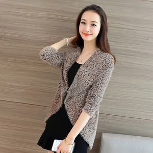 Women's Fashion Leopard Cashmere Sweaters Long Sleeve V Neck Casual Loose Cardigans knitting Thicken Tops