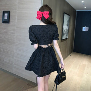 Women's Fashion Two-Piece Sets Sweet Pink Square Collar Puff Sleeve Sexy Short Crop Top + High Waist A-Line Skirts 2021 Summer