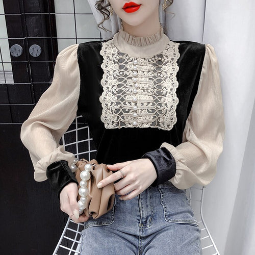 Women's Gold Velvet Stitching Lace Bottoming Shirt New 2021 Spring Long Sleeve Chiffon Blouse Elegant Vintage Blusas Tops